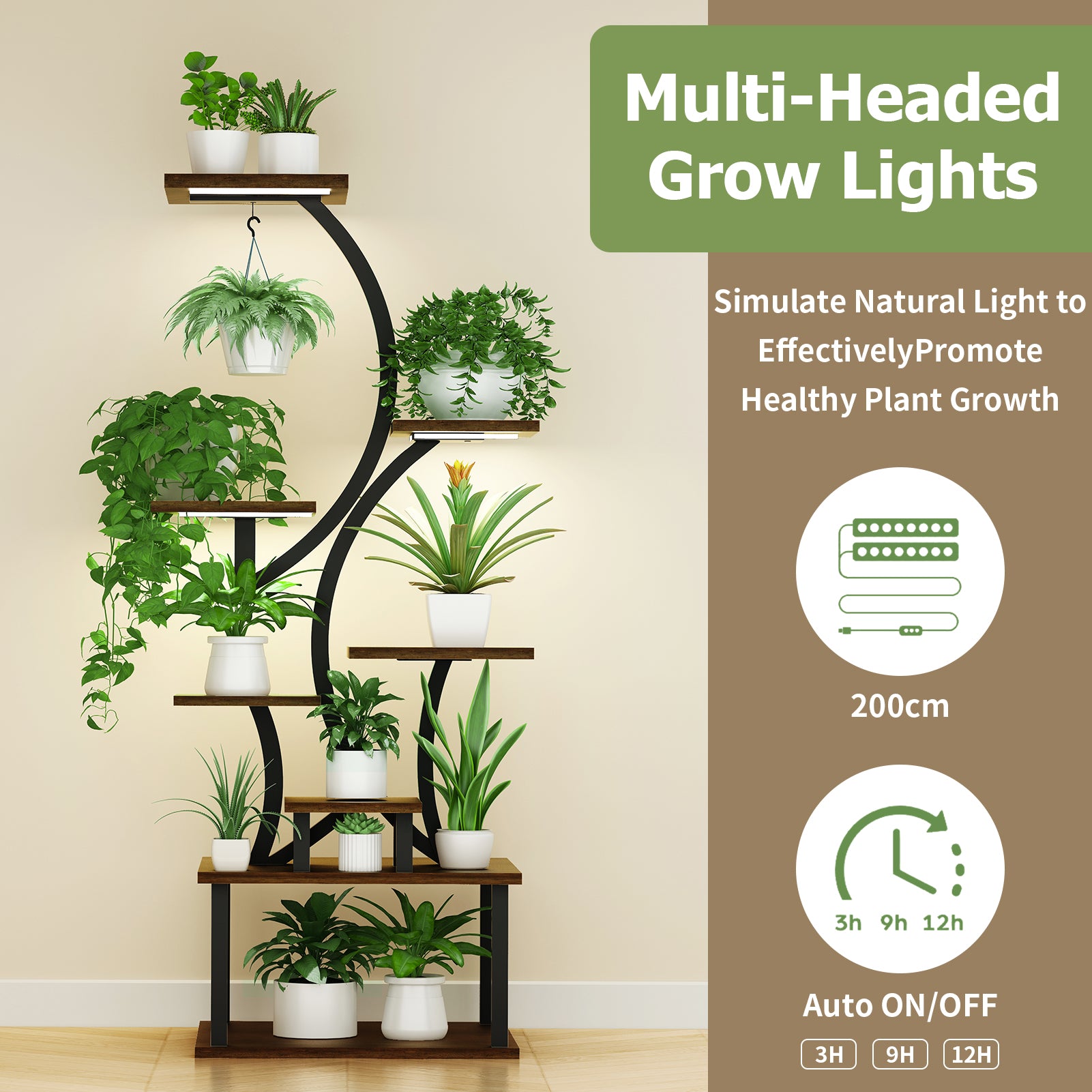 8-Tiered Plant Stand With Grow Lights - 60.4" Tall Indoor Plant Shelf, Multiple Metal Flower Holder Rack for Home