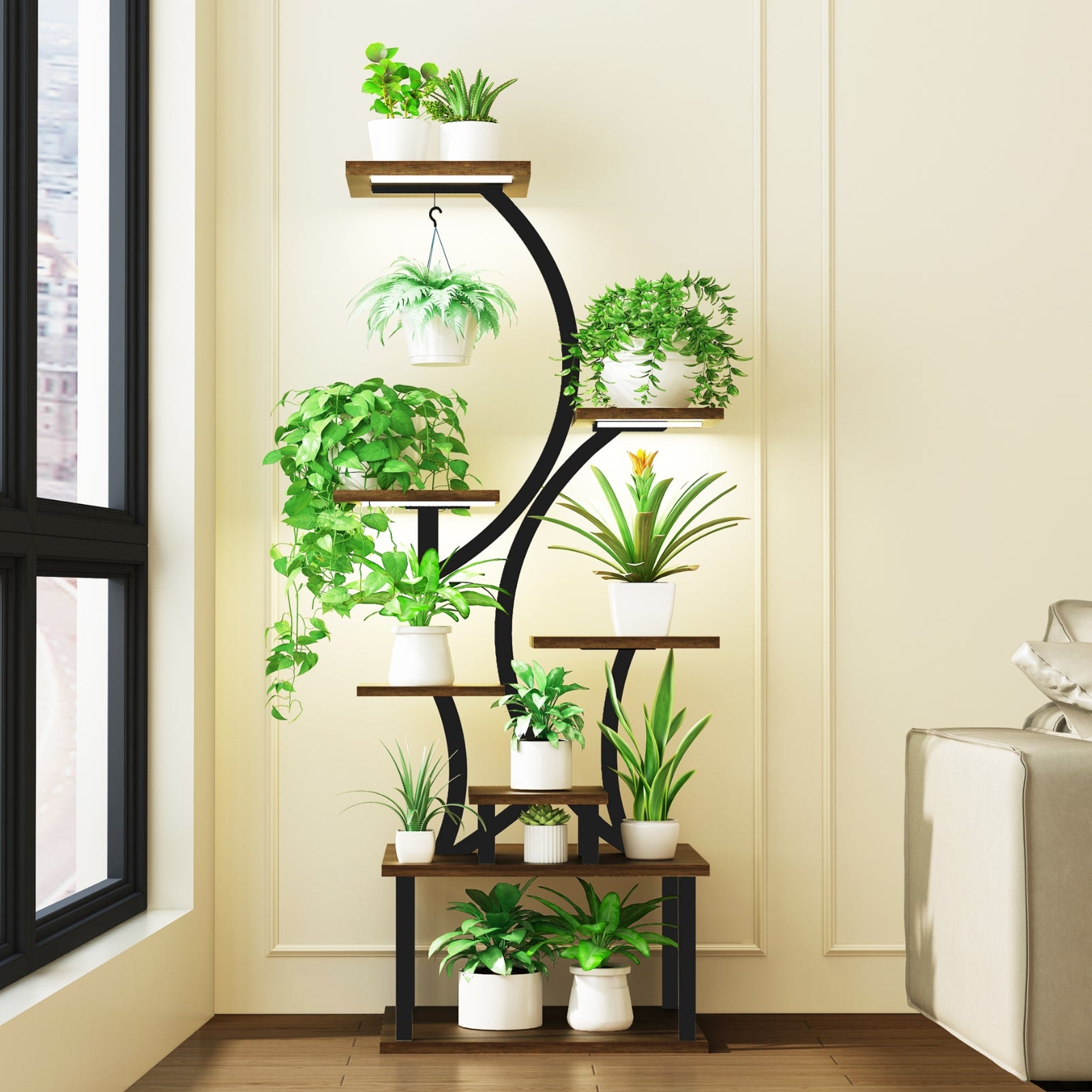 8-Tiered Plant Stand With Grow Lights - 60.4" Tall Indoor Plant Shelf, Multiple Metal Flower Holder Rack for Home
