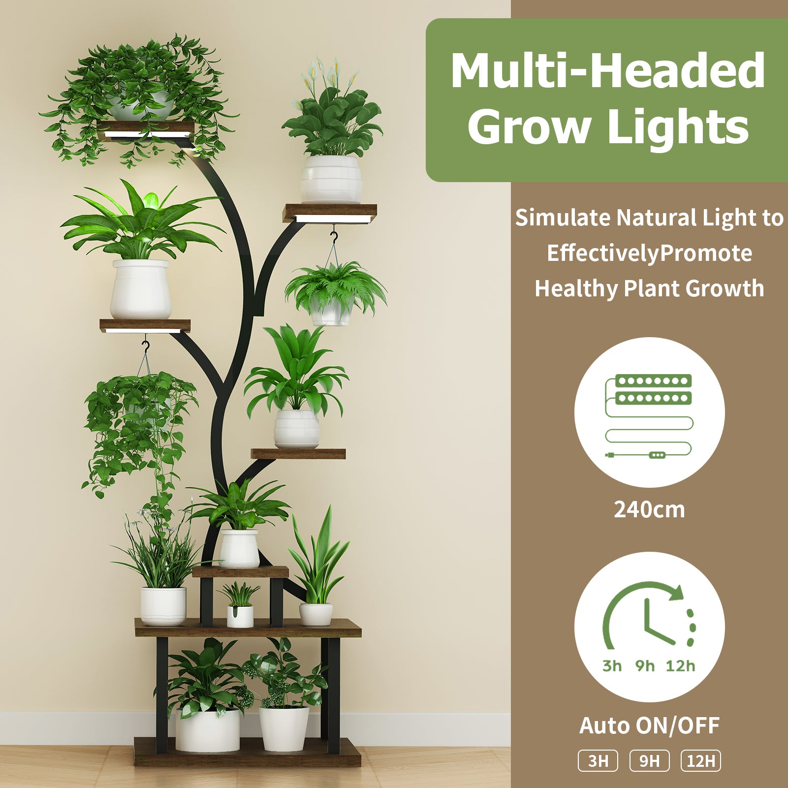 7-Tiered Plant Stand With Grow Lights - 62.8" Tall Indoor Shelf for Multiple Plants, Metal Flower Holder Rack for Home
