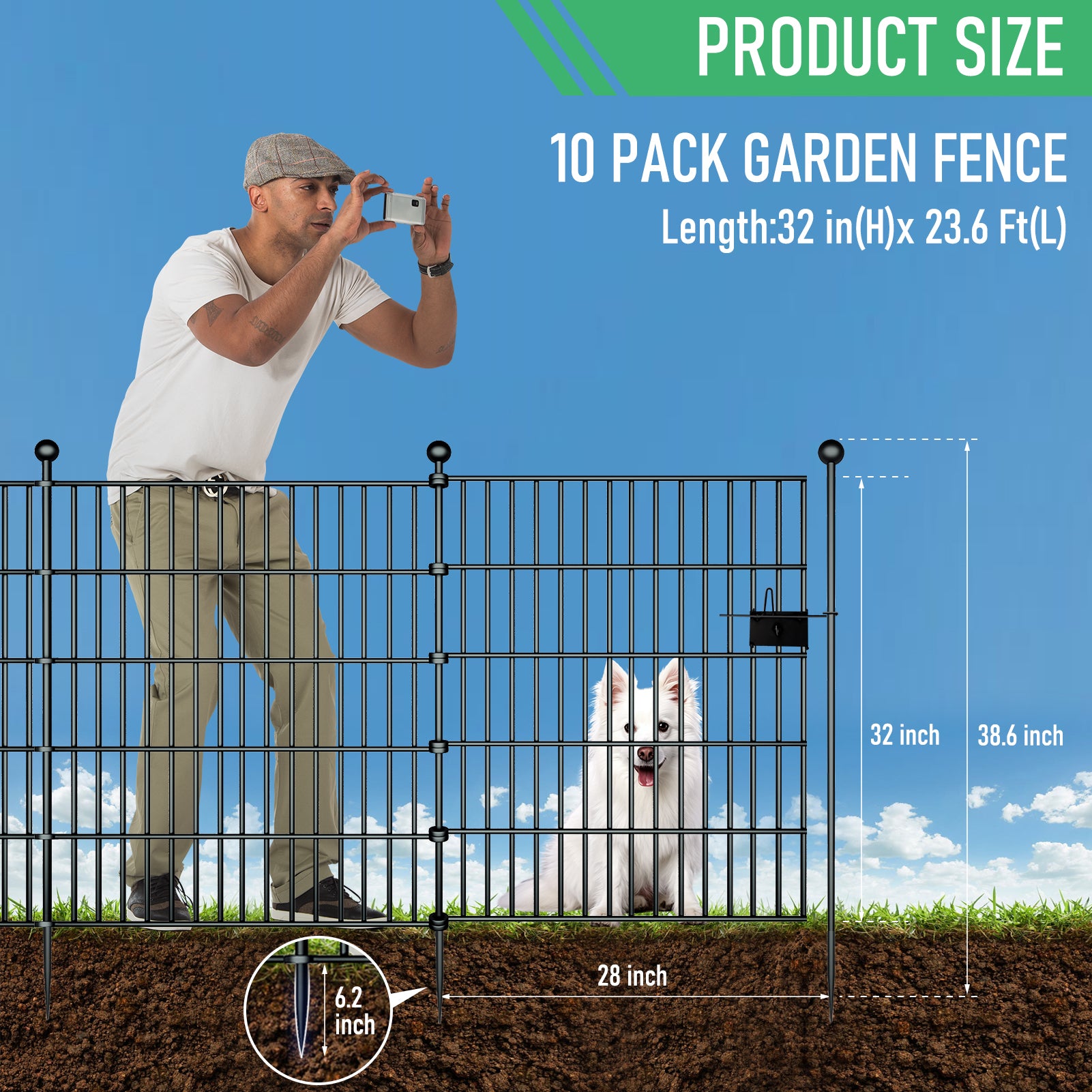 10 Panels Garden Fence Dog Fence Outdoor for Yard,32in H x 23.6ft L Rustproof Metal Fencing with Ground Stakes|No Dig Temporary Animal Proof Containment for Pets/Rabbits|Durable Patio Security Panels