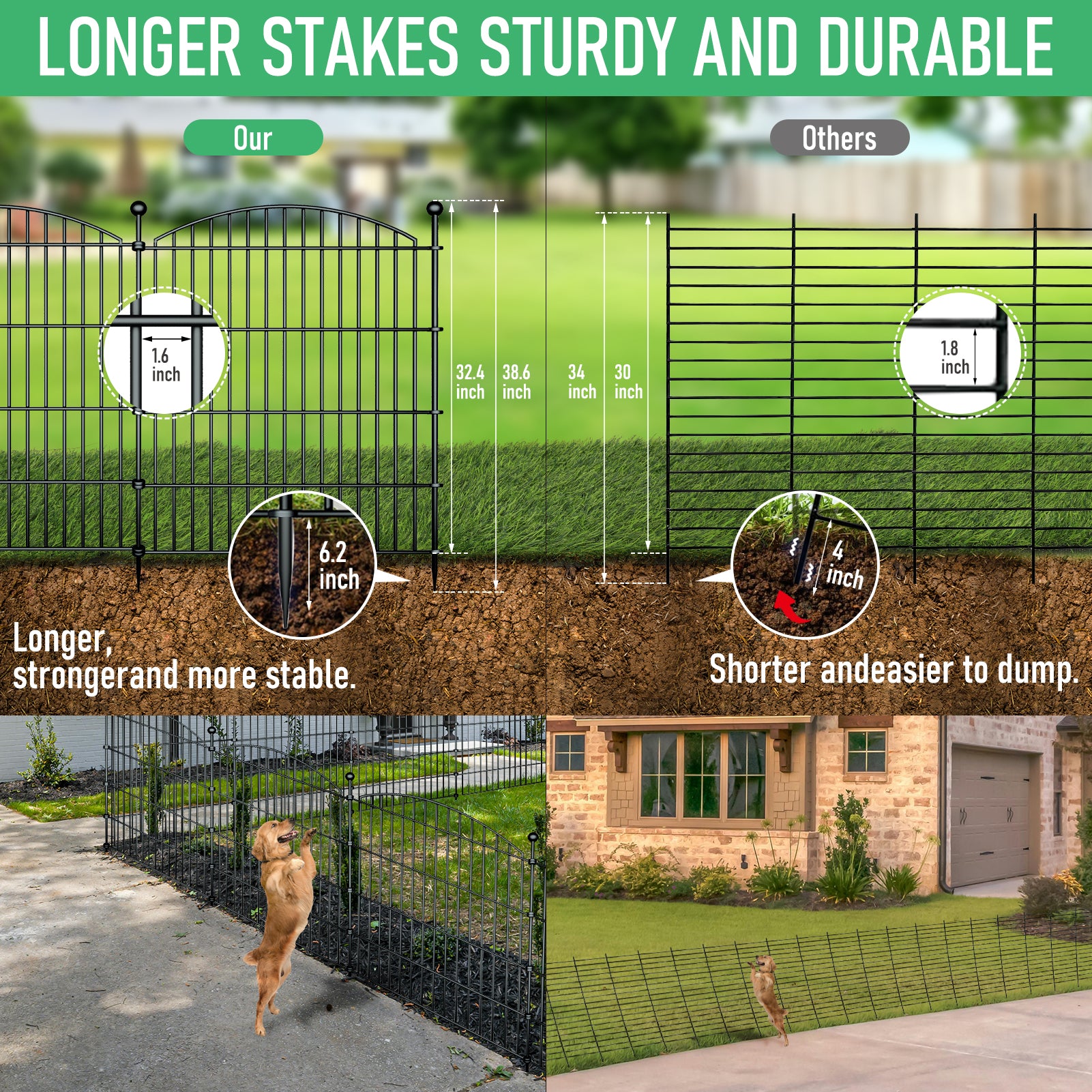 10 Panels Garden Fence Dog Fence Outdoor for Yard, 32in H x 23.6ft L Rustproof Metal Fencing with Ground Stakes | No Dig Animal Proof Containment for Pets/Rabbits | Durable Patio Security Panels