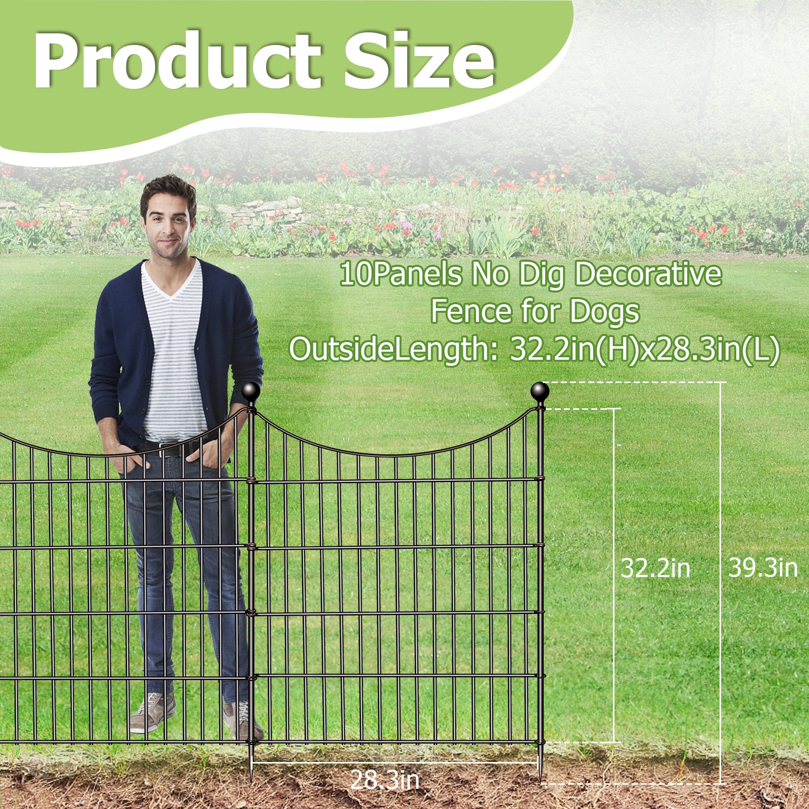 10 Panels Garden Fence Dog Fence Outdoor for Yard, 32in H x 23.6ft L Rustproof Metal Fencing with Ground Stakes | No Dig Animal Proof Containment for Pets/Rabbits | Durable Patio Security Panels